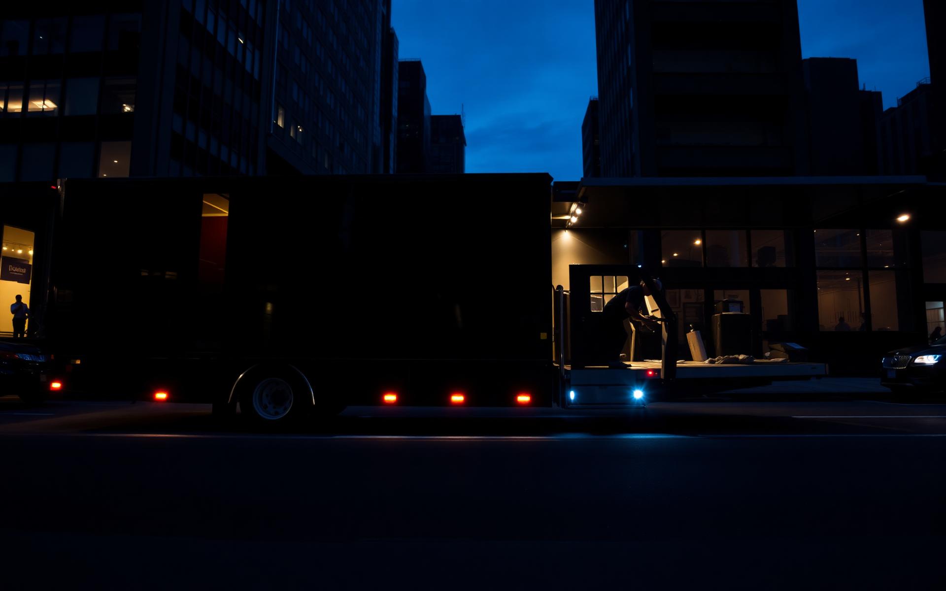 Alva moving truck in New York City at dusk